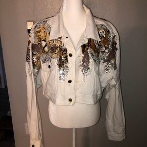 White Hand bedazzled denim Jacket w Animal Print